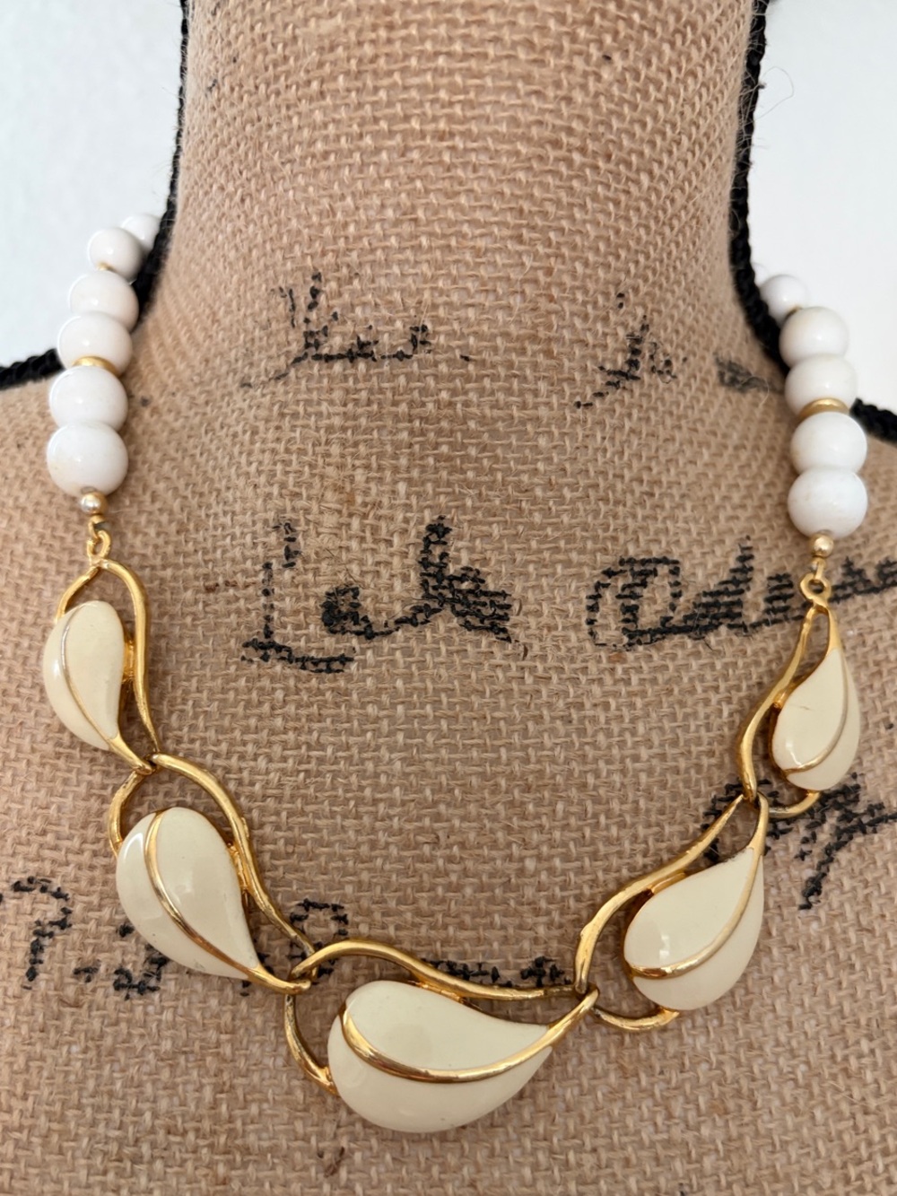 Vintage Cream and Gold Teardrop Necklace — Elegant Women's Statement Jewelry